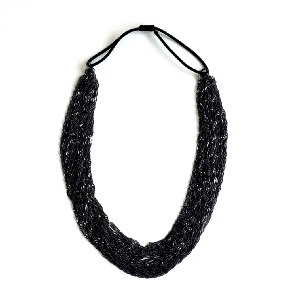 Art Deco Women's Multi-Strand Pewter Black Chainlink  Headband w Elastic Band